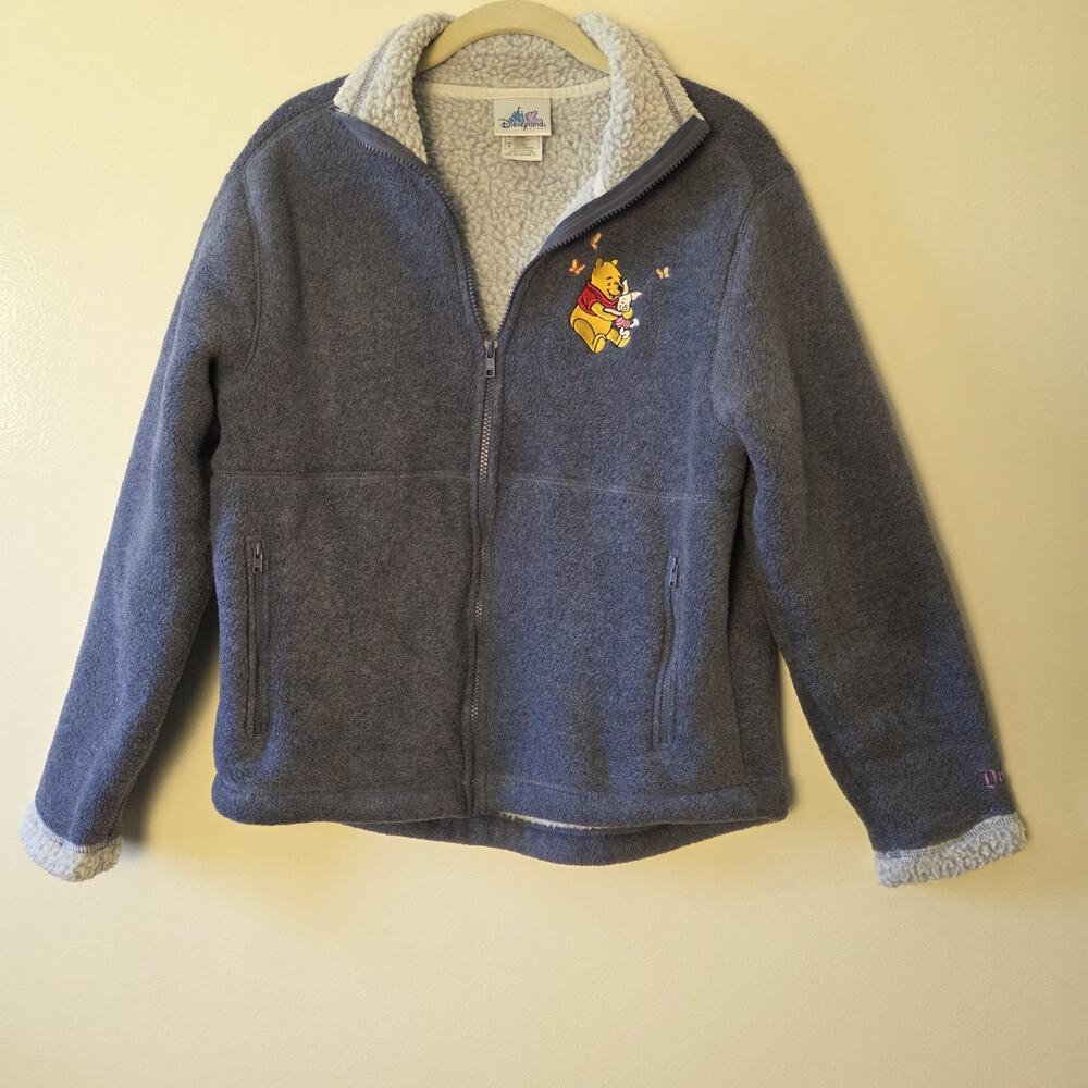 Vtg Disneyland Resort Winnie The Pooh Fleece Jacket Small Grey Sherpa Lined Y2K